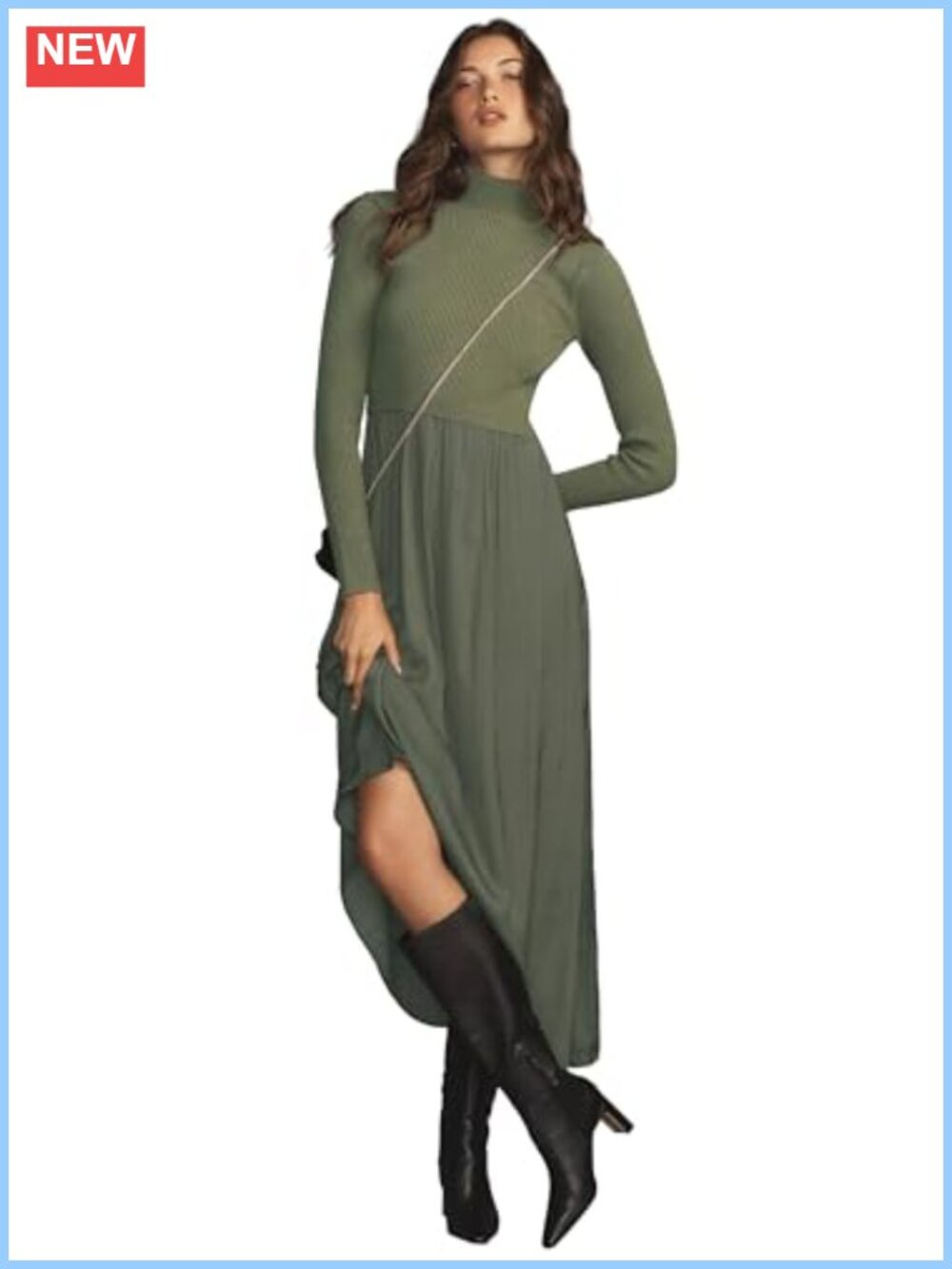 Mock Turtleneck Long Sleeve Ribbed Knit Pullover Maxi Dress A-Line